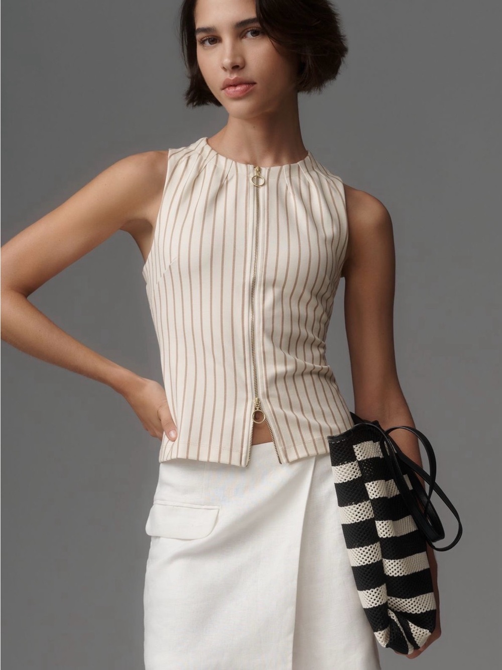 Anthropologie Sleeveless Zip-Front Striped Shell/Top - Cream/Tan